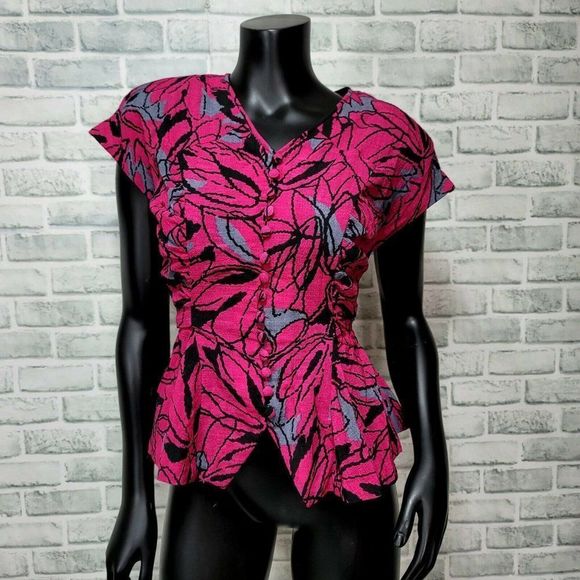 Vintage 80s 90s Hot Pink Black Abstract Button Front Tie Back Waist‎ Blouse Top - Picture 1 of 4